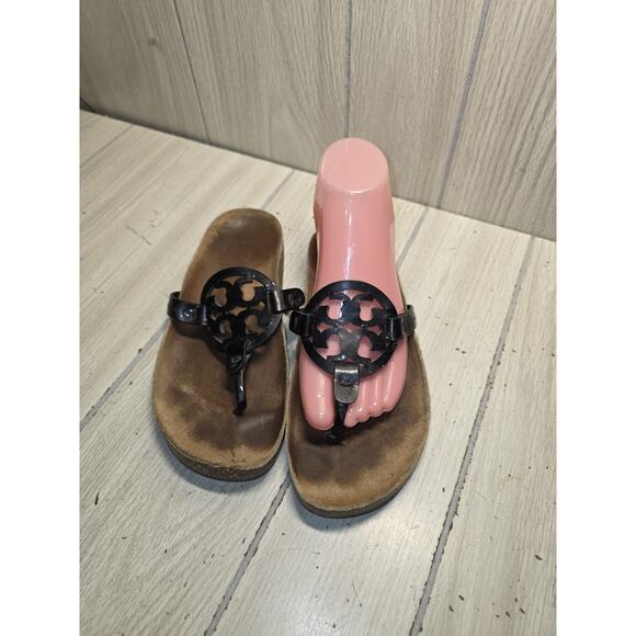 Tory Burch Style MILLER CLOUD Black Patent Leather Cork Thong Sandal Size 6.5 - Picture 1 of 10